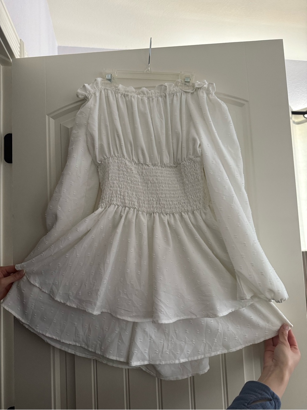 White Textured Long Sleeve Off-Shoulder Smocked Waist Romper